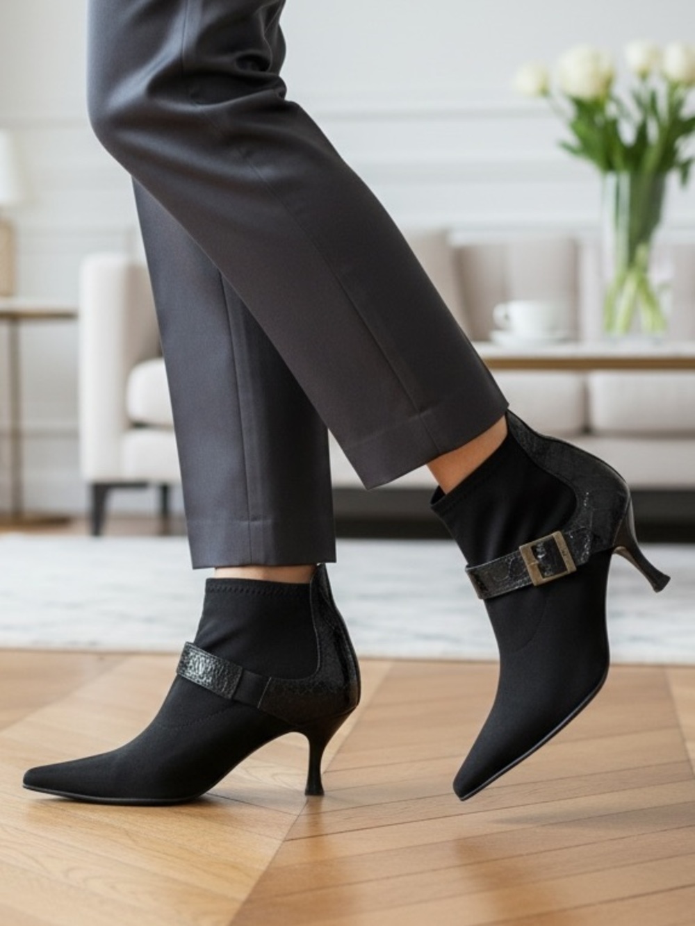 Donald J. Pliner Black Pointed Kitten Heel Ankle Boot with Buckle Strap